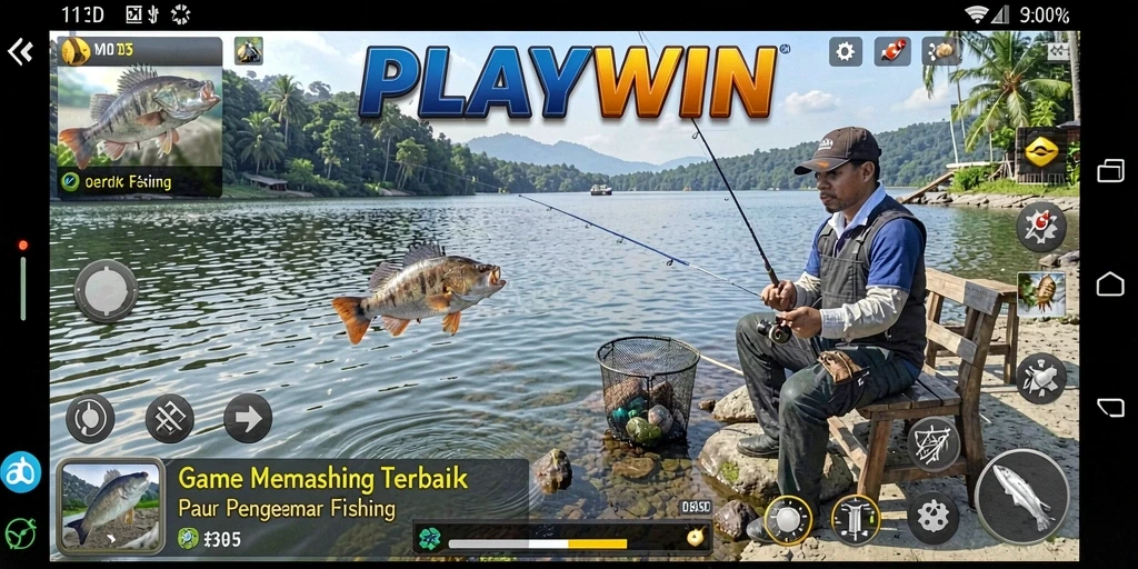 Tampilan gameplay PLAYWIN yang menarik dengan beragam lokasi memancing.