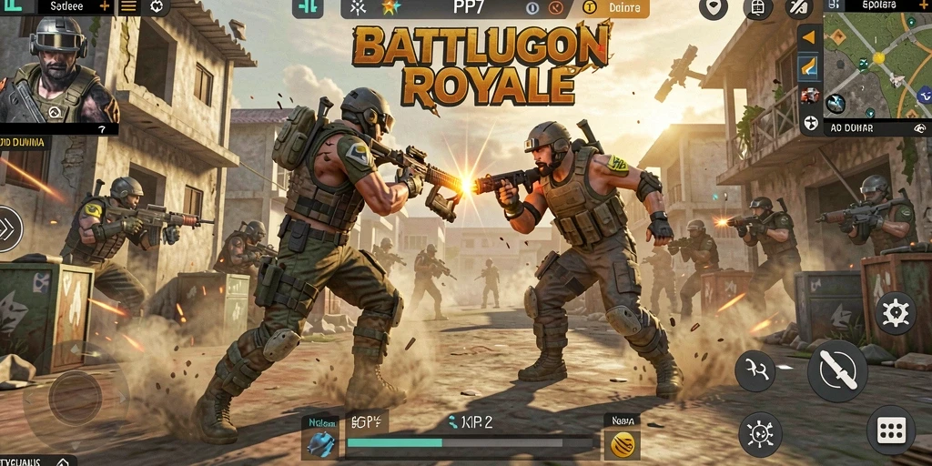 Tangkapan layar utama PP7 menunjukkan pertarungan seru Battle Royale.