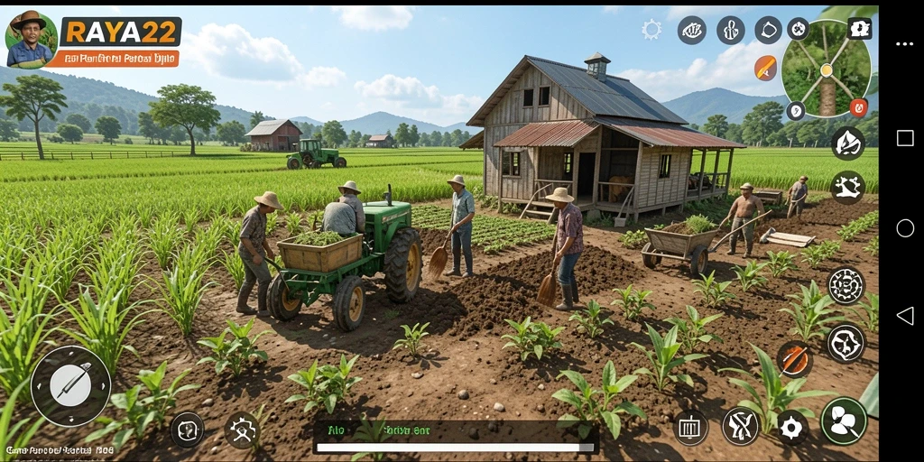 Tampilan gameplay RAYA22 dengan lahan pertanian yang subur dan beragam tanaman.